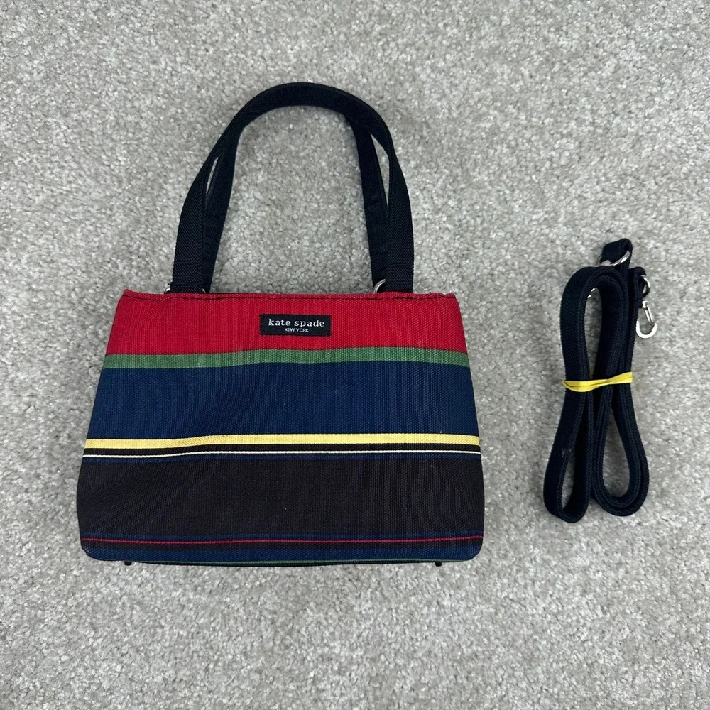 Kate Spade Vintage Canvas Striped Sam Mini Tote Crossbody Bag Multi Color Red